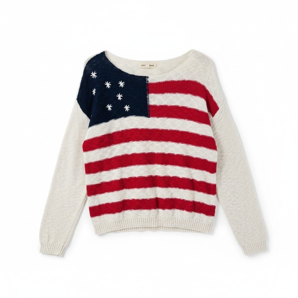 Lucky Brand Open Knit Flag Sweater Cream Pullover Boat Neck Long Sleeve Size XL